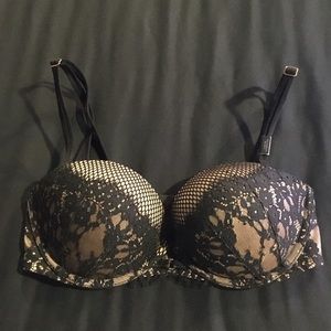 Victoria’s Secret, 32C, Color: nude w/black lace.